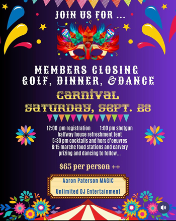 This is a promotional image promoting Club Link's RattleSnake golf club's members closing event featuring Magician Aaron Paterson from. Toronto 